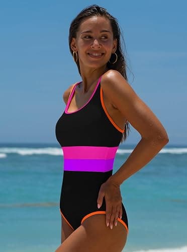 popvil Women's One Piece Swimsuits 2025 Tummy Control -Slimming Bathing Suit Neon 1 Piece Beach Outfit Sexy Sport Swim Suits - Large - Black Purple thumbnail 7