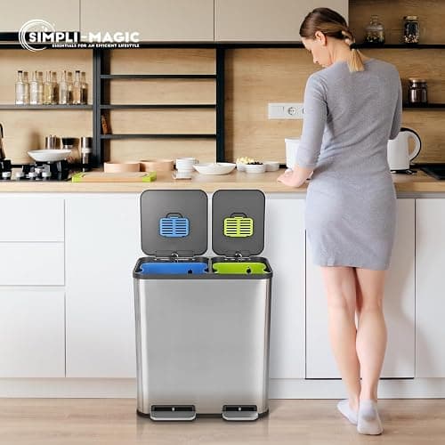 Simpli-Magic 18.5 Gallon (40L x 30L) Dual Compartment Step Trash Can – Kitchen Garbage Can with Waste & Recycling Bins – Slow-Close Lid, Odor Control, Hands-Free, Stainless Steel thumbnail 2