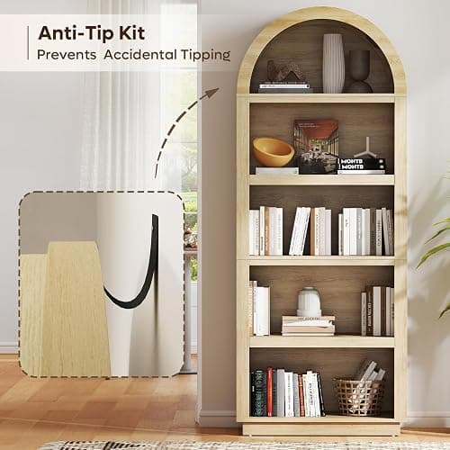 Bestier 76" Tall Arched Bookcase, 5 Tier Arched Bookshelf with Adjustable Book Shelf, Large Wood Bookshelf, Modern Farmhouse Open Display Book Case for Bedroom, Home Office,Living Room, Natural Oak thumbnail 6