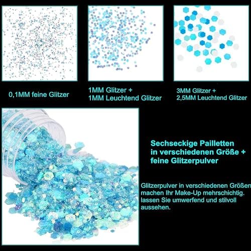 12 Farben Festival Glitzer Gesicht, Fluoreszierender Body Glitter für Gesicht, Nägel, Augen, Haare - Chunky Sequin Glitzerpulver Set für Karneval, Fasching, Halloween, Partys und DIY Handwerk thumbnail 3