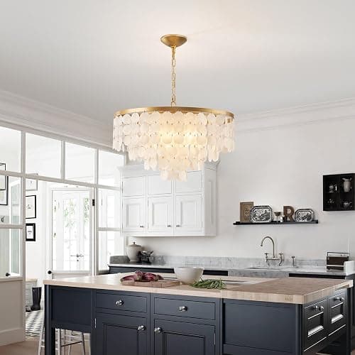 HLMRCHEN 24" Capiz Shell Chandelier, 5 Light Gold Dining Room Light Fixture Modern Coastal Chandeliers for Bedroom Bathroom Kitchen and Foyer(White Seashell Lighting Fixtures) thumbnail 8