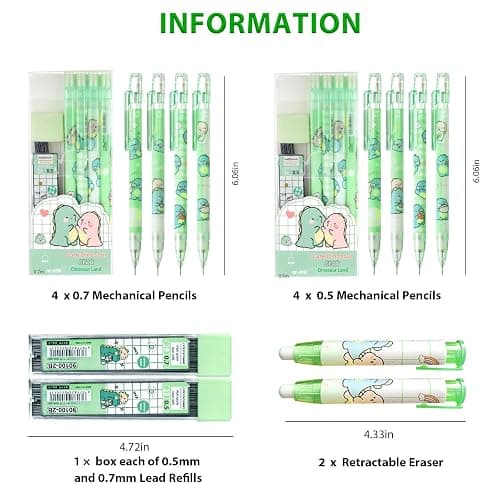 Mangpung Cute Green Dinosaur Mechanical Pencil Set Include 8Pcs Kawaii Mechanical Pencils,2 Tubes Mechanical Pencil Lead Refills,2Pcs Dinosaur Erasers,for Office School Supplies thumbnail 2