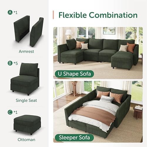 HONBAY Modular Sectional Sleeper Sofa Green Couch L Shaped Sectional Sofa with Storage, Convertible Couches for Living Room - Green thumbnail 5