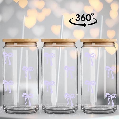 Coquette Cute Lavender Light Purple Bow Glass Cups with Lids and Straws, Aesthetic Iced Coffee Cup Preppy Room Decor, Christmas Valentines Birthday Gifts for Women, Teen Girl Gifts Trendy Stuff thumbnail 4
