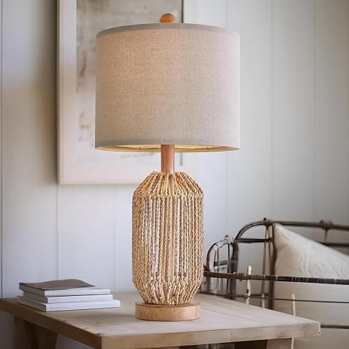 OYEARS 21" Boho Table Lamps Set of 2 for Living Room, Bedside Lamps for Nightstand, Rattan Lamp for Bedroom, Farmhouse Table Lamps for Boho Decor, End Table, Retro, Brown thumbnail 7