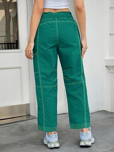 Fisoew Womens Wide Leg Cargo Pants Elastic Waist Water Resistant Contrast Stitch Loose Hiking Joggers with Pockets thumbnail 4