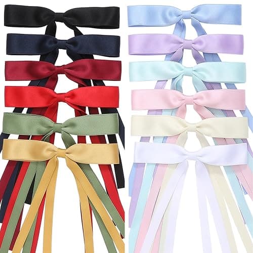 Slevaty Hair Bows Set: 12 PCS Ribbon Bowknot Clips and Barrettes with Long Tails for Women and Girls (12 Color Mixing) - Image 1