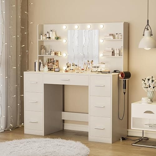 Furmax Vanity Desk with Mirror, LED Lights and Power Outlet Makeup Vanity Table with 7 Drawers and 6 Storage Shelves Dressing Table for Bedroom Dressing Room (White) thumbnail 2