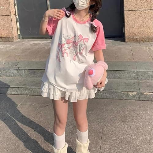 Kawaii Oversized T-Shirt Cute Pink Anime Shirt Japanese Harajuku Patchwork Tee Cartoon Print Loose Teen Girl Plus Size thumbnail 5