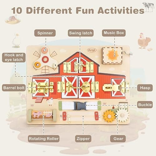 Joyreal Wooden Montessori Busy Board with Music Box for Toddlers | Farm Theme Sensory Activity Board, Fine Motor Skills Travel Toy, Educational Learning Toy, Birthday Christmas Gift thumbnail 3