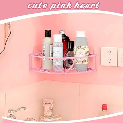 Otoolling 2 Pack Pink Heart Corner Shower Caddy No Drilling Pink Shower Shelves Coquette Corner Caddy with 5 Adhesive Hooks Sweet Decor for Bathroom Kitchen Bedroom thumbnail 6