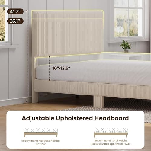 Bestier Queen Bed Frame with Headboard LED Lighting,Upholstered,Beige | Easy Assembly,LED Lighting Headboard,No Squeaks,Vertical Channel Corduroy Upholstered,Wood Slats Support,No Box Spring Needed thumbnail 6