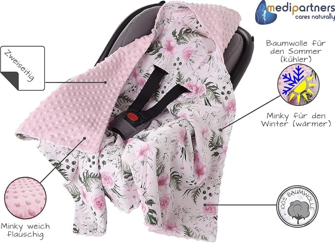 Medi Partners Einschlagdecke Baby Babyschale 100% Baumwolle für Sommer 85x85cm Kinderwagen Kuscheldecke universal Baby Decke Einschlagdecken Babydecke Buggy Autositz (Blument mit Hellrosa Minky) - Hellrosa Blument mit Hellrosa Minky - 85x85cm thumbnail 6