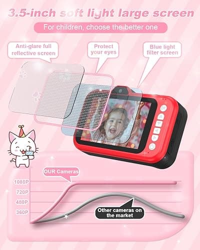 Uffylle Kids Camera, 1080P 48MP Front Selfie Toddler Camera, 3.5 inch Big Screen Toy Camera, 10X Zoom in Chritmas Birthday Gift Cameras for Kids Boys Girl Age 2 3 4 5 6 7 8 9 10 11 12, Red thumbnail 2