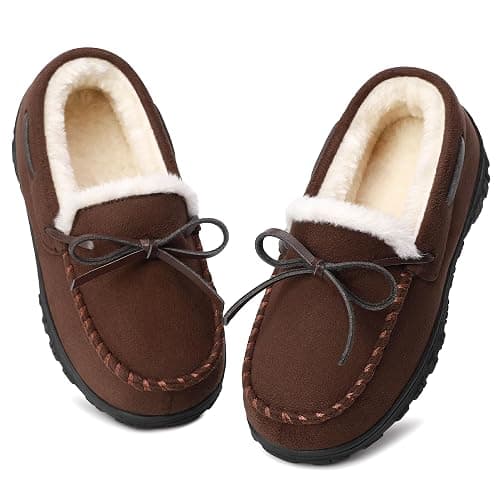 Bigwow Boys Moccasin Slippers Memory Foam Suede House Slippers Non-Slip Indoor Outdoor Winter Fuzzy Shoes for Toddler Kids - Image 1