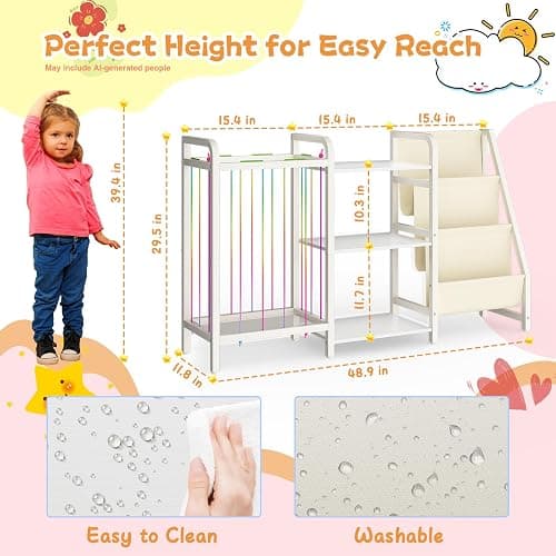 CYXPHION B1 Kids Bookshelf and Toy Storage, Book Shelf for Kids Rooms White | 3-Tier Sling Baby Bookcase with Stuffed Animal Storage, Montessori Toddler Bookshelf for Nursery, Bedroom, Playroom thumbnail 2