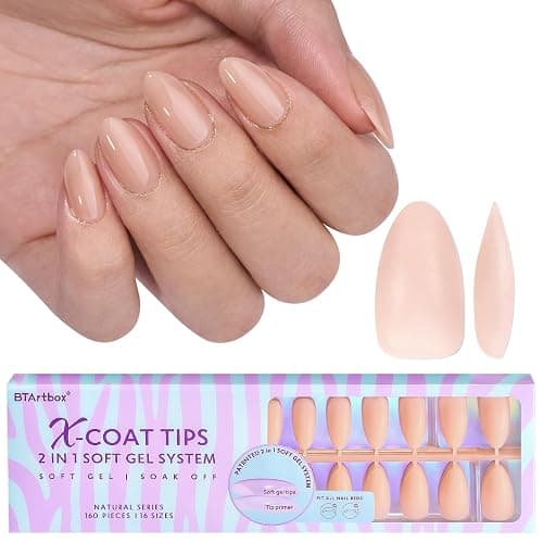 BTArtbox Short Almond Nail Tips - Soft Gel XCOATTIPS Natural Press On Nails, Pre-colored Gel Nails Full Cover Fake Nails Nude for for Daily Nail Art - Image 1