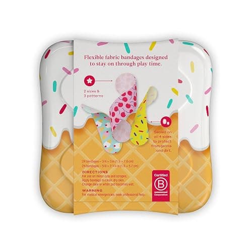 Welly Bandages | Adhesive Flexible Fabric Bravery Badges | Assorted Shapes for Minor Cuts, Scrapes, and Wounds | Colorful and Fun First Aid Tin | Ice Cream Patterns - 48 Count thumbnail 2