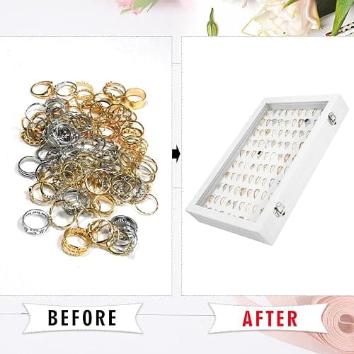 Siveit Velvet Ring Display Tray Organizer Box with Transparent Lid, 100 Slot Ring Holder Showcase For Store Display Jewelry Show Home, Ring Organizer For Rings Earrings (Ivory) thumbnail 5