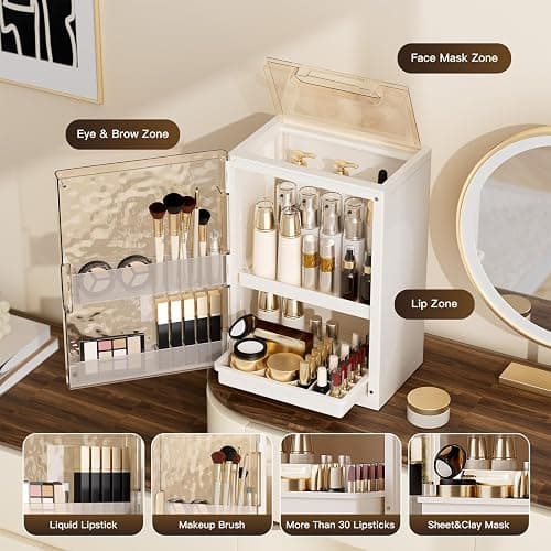 AERCIINC Makeup Organizer with Drawers,Skincare Organizer for Vanity,Large Cosmetic Display Case with Handle,Storage Organizers with Cover and Makeup Brush Holder for Dresser, Bathroom Countertop thumbnail 3