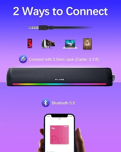 Computer Speakers, Hi-Fi Sound Quality Computer Sound Bar, Bluetooth 5.0 & 3.5mm Wired PC Speakers with 4 Dynamic Lighting Modes, USB Powered Speakers for PC, Desktop, Laptops, Phones, Monitors, Xbox thumbnail 4