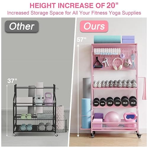 56'' Taller Home Gym Storage Organizer, Yoga Mat Storage Rack with Hanging Board, Exercise Workout Equipment Storage Stand for Home Gym, Dumbbell Holder Kettlebell Rack with Wheels and Hooks thumbnail 4