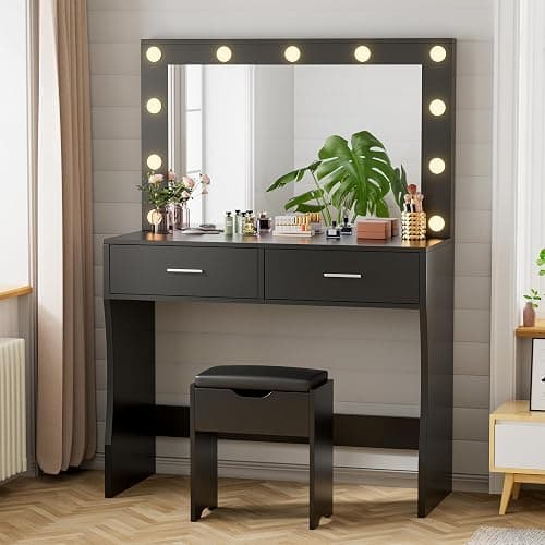 YESHOMY Vanity Desk with Mirror, Power Outlet and 11 Lights, Makeup Table with 2 Drawers, 3 Color Modes Available for Bedroom, Black thumbnail 3