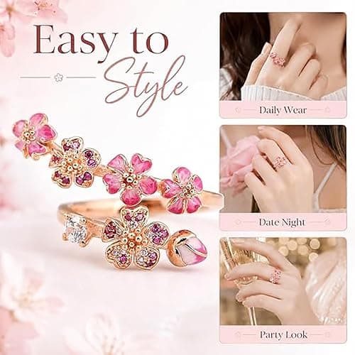 GUUZETU Pfirsichblüten-Ring, verstellbarer, rosévergoldeter rosa Kirschblüten-Blumenring, Blumenkristall- und Edelsteinschmuck, leichter, zierlicher Ring mit offenem Band, Geschenk für Hochzeit thumbnail 3