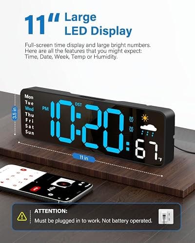 Digital Wall Clock, Digital Clock Large Display with Remote Control, Corded LED Alarm Clocks with Date, Week, Temp, Humidity, Auto DST, Countdown, for Living Room Bedroom Classroom Office (Blue) thumbnail 2