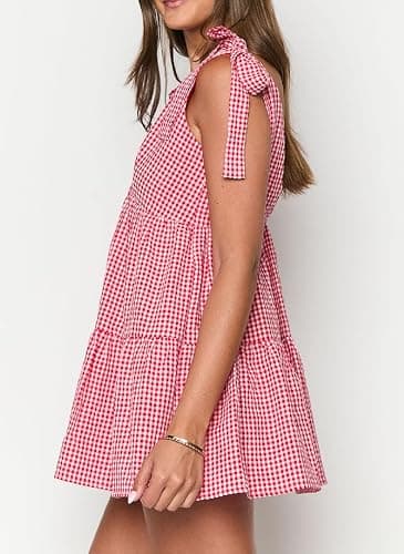 Women Y2K Tie Shoulder Mini Dress Bow Ruffle Flowy Babydoll Dress Floral Boho Sundress Summer Going Out Dress - Three Gingham Red - Large thumbnail 4