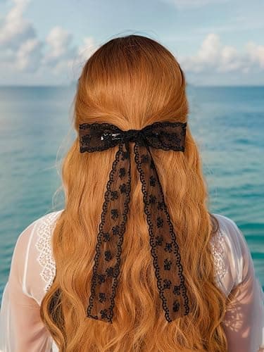 XFYUZR 4Pcs Large lace Hair Clips for Women Girls,Lace Tassel Bows Metal Clips with Long Tail Ribbons,Cute Hair Bows Barrette for Hair Accessories(Black,White) thumbnail 3