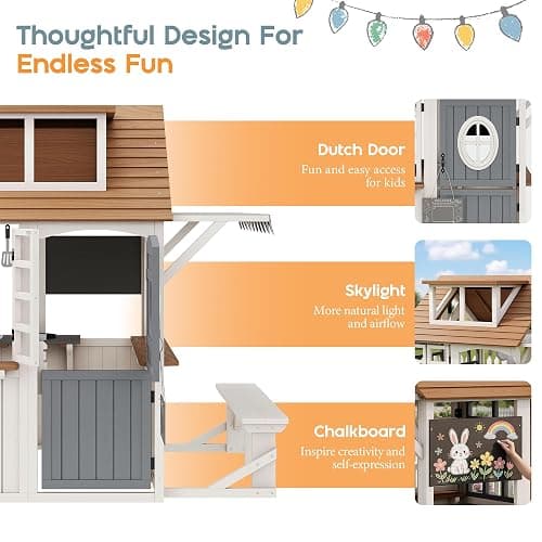 Albott Outdoor Wooden Playhouse with Kitchen Playset, Backyard Cottage Playhouse for Kids with Bench, Awning, Chalkboard, Pet Door and Dutch Door, Pretend Play House for Boys and Girls Ages 3-8 thumbnail 4