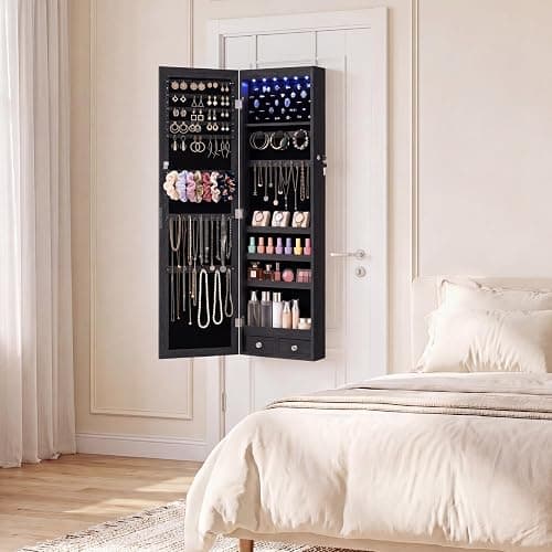 DUMOS 6 LEDs Mirror Jewelry Organizer Cabinet, Jewelry Armoire, 47.2 Inch | Hanging Door or Wall Mounted Mirror, Lockable, Large Capacity Cosmetic Storage, 2 Drawers, Gift Idea, Black thumbnail 2