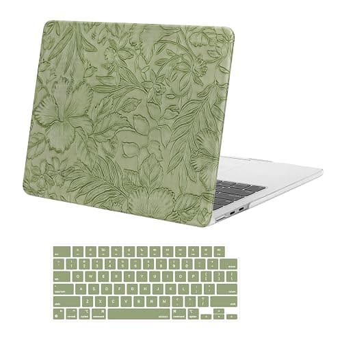 MOSISO Compatible with MacBook Air 13 inch Case 2025-2023 M4 A3240 M3 A3113 M2 A2681, Embossed Retro Hibiscus Texture PU Leather Coated Hard Shell&Keyboard Cover for MacBook Air 13.6 inch Case, Green - Image 1