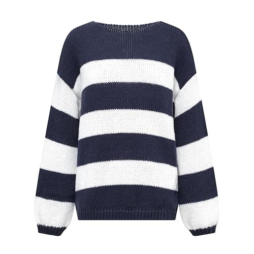 Women Color Block Striped Pullover Sweater Oversized Long Sleeve Crewneck Tops Fall Winter Warm Knitted Loose Outfit thumbnail 5