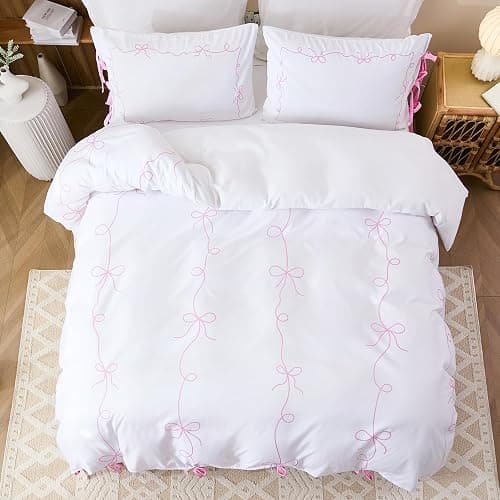 Pink Bow Duvet Cover Twin White and Pink Bedding Set Bowknot Bow Tie Cute Bedroom Decor Girls Coquette Comforter Cover Romantic Dreamy Decor thumbnail 7