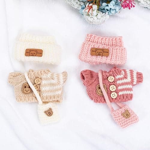 Doll Clothes for 17cm Plush Dolls, 2 Sets of Lu-bubu Doll Knitted Outfit Dress Up Clothing Set Doll Accessories, Not Include Dolls (White and Pink) thumbnail 4
