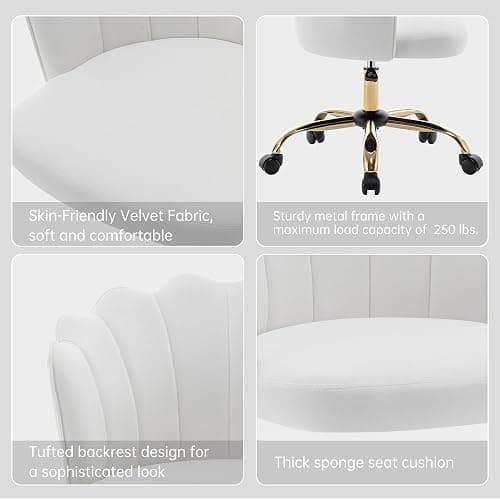 DRKAT Swivel Office Chair, Modern Home Office Desk Chair, Velvet Shell Back Vanity Chair with Golden Metal Base, Height Adjustable Upholstered Cute Task Chair, Ivory thumbnail 4