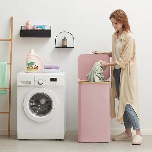 Lifewit 100L Laundry Basket with Lid, Clothes Hampers for Laundry with Bamboo Handles and A Removable Laundry Bag, Large Foldable Laundry Hamper for Bedroom, Bathroom, Dorm, Laundry Room, Pink - Pink - 100L thumbnail 2