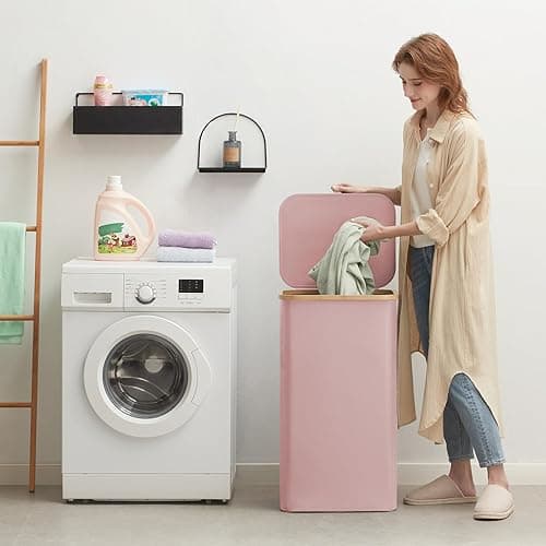 Lifewit 100L Laundry Basket with Lid, Clothes Hampers for Laundry with Bamboo Handles and A Removable Laundry Bag, Large Foldable Laundry Hamper for Bedroom, Bathroom, Dorm, Laundry Room, Pink - Pink - 100L thumbnail 2