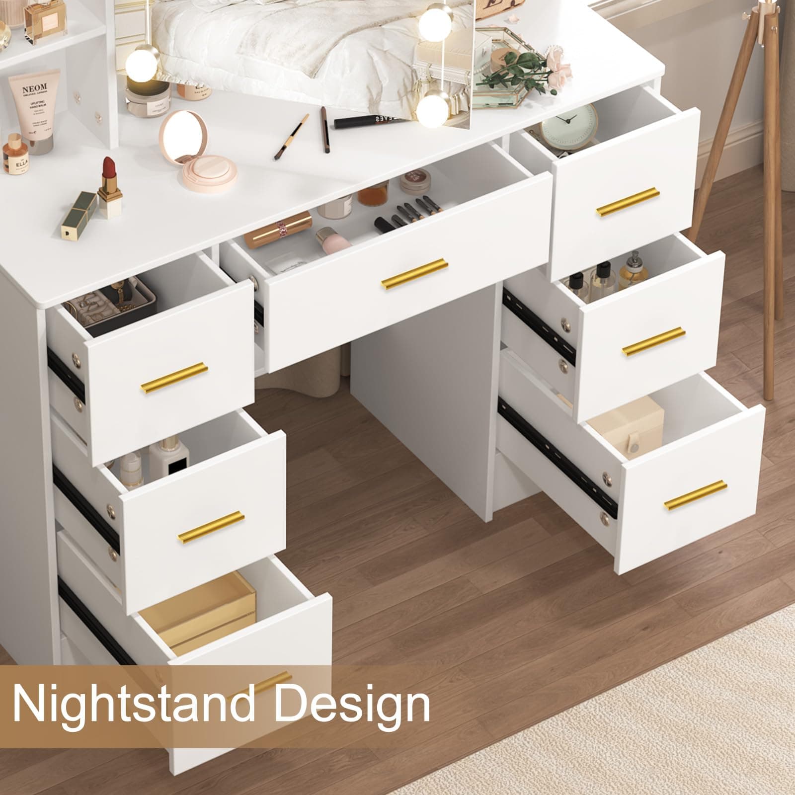 Umeiga Large Vanity Table, Vanity Desk with Sliding Mirror and Lights, 3 Adjustable Light Modes, 7 Drawers 8 Open Shelves, 3 Hidding Shelves, Makeup Desk with Metal Handles for Girls and Women, White thumbnail 5