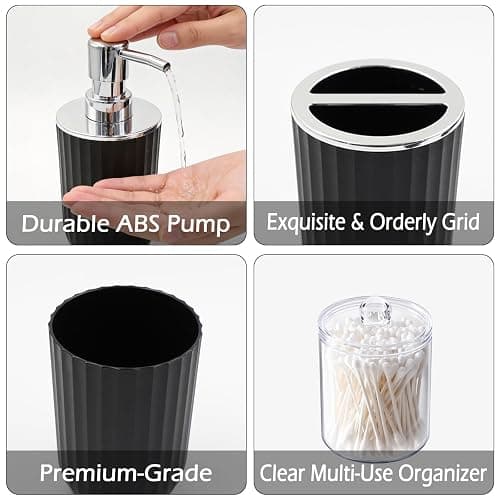 Black Bathroom Accessories Set, 10Pcs Bathroom Accessory Sets Complete with Trash Can, Shower Curtain, Vanity Tray, Soap Dispenser, Soap Dish, Toothbrush Holder&Cup, Toilet Brush&Holder, Qtip Holder thumbnail 7