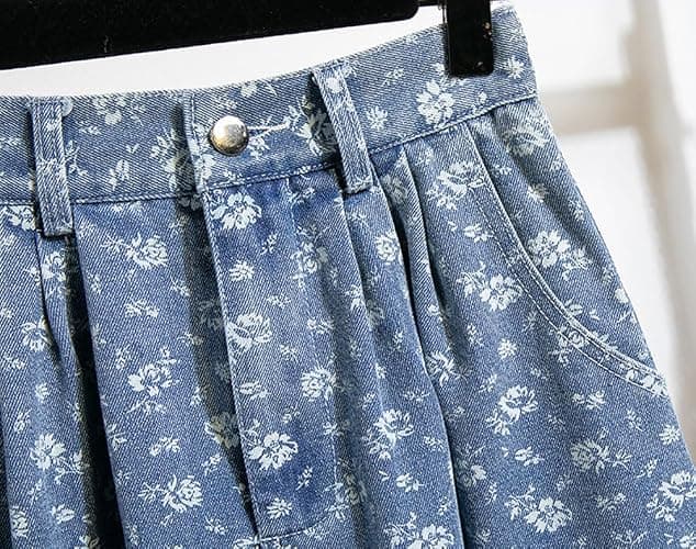 chouyatou Women's Vintage Floral Print Denim Skirt High Elastic Waist A Line Pleated Midi Long Jean Skirt with Pockets thumbnail 4