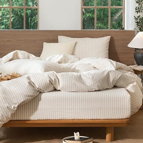 MooMee Striped Duvet Cover Set 100% Washed Cotton Linen Like Textured Breathable Durable Soft Comfy (Almond Milk Grey Classic Stripes, Queen 90"x90") thumbnail 4