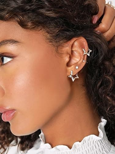 FindChic Hypoallergenic Small Star/Heart/Spike/Square Huggie Earrings for Women 18K Gold/Platinum Plated Cute Studs Earrings Jewelry Gift for Her, with Gift Box - 2. star (platinum plated) thumbnail 9
