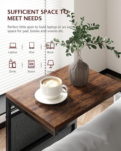 Vantic C Shaped End Table, Small Side Table for Couch | Chair Side Table for Recliner, Slide Under Sofa Tray Desk with Storage Bag for Living Room and Bedroom, Rustic Brown thumbnail 4