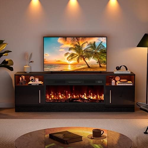 VITESSE Fireplace with TV Stand 36" inch Electric Fireplace Up to 80" TVs, LED Light Entertainment Center, 70" Modern Wood High Gloss with Highlight Storage Cabinet for Living Room (Black) thumbnail 8