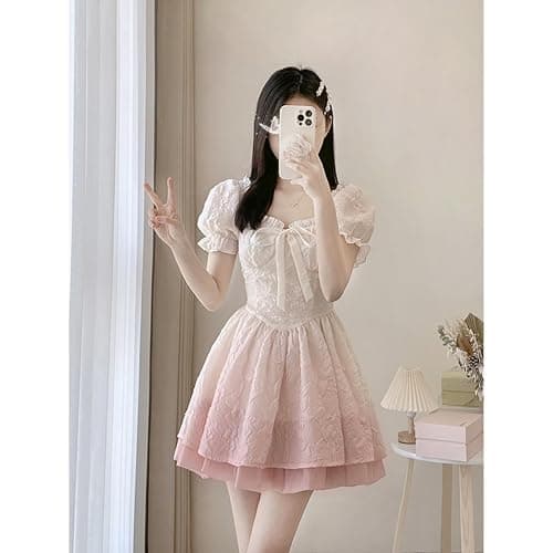 QJK Puff Sleeve Dress with Bow Tie Lace Trim and Pleated Skirt - Kawaii Cute Lolita Dress for Women thumbnail 3