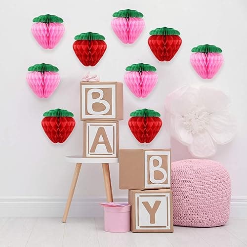 Skylety 10 Pieces 6 Inch Paper Strawberry Honeycomb Ball Tissue Paper Strawberry Ball for Birthday Party Decoration(Red and Pink) - Red and Pink thumbnail 7