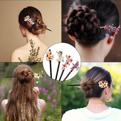4 PCS Wooden Hair Sticks Chinese Traditional Flower Hair Sticks for Long Hair Hair Chopsticks for Women Girl Classic Vintage Flower thumbnail 5